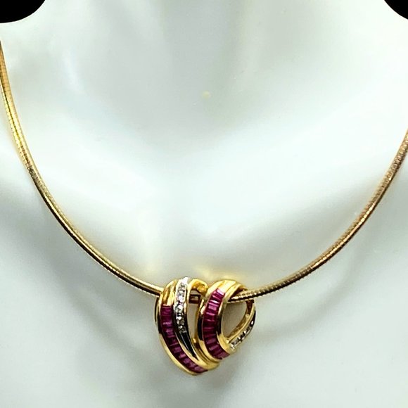 14K 2.12ct natural Baguette Ruby Diamond heart pendant 10K 2.0mm Omega necklace